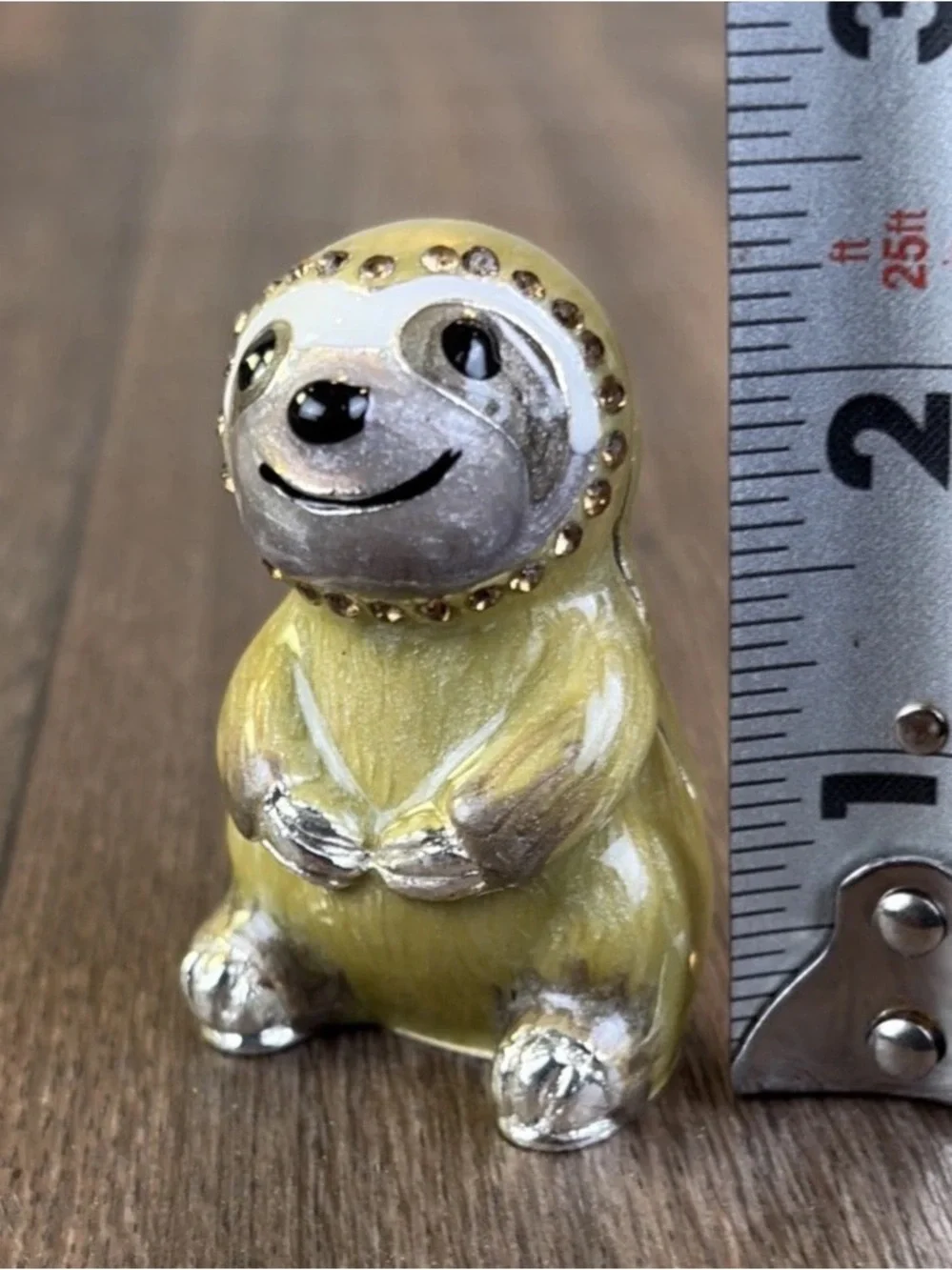 Enamel & Rhinestone Hinged SLOTH Jewelry Pill Trinket Box Metal Magnetic